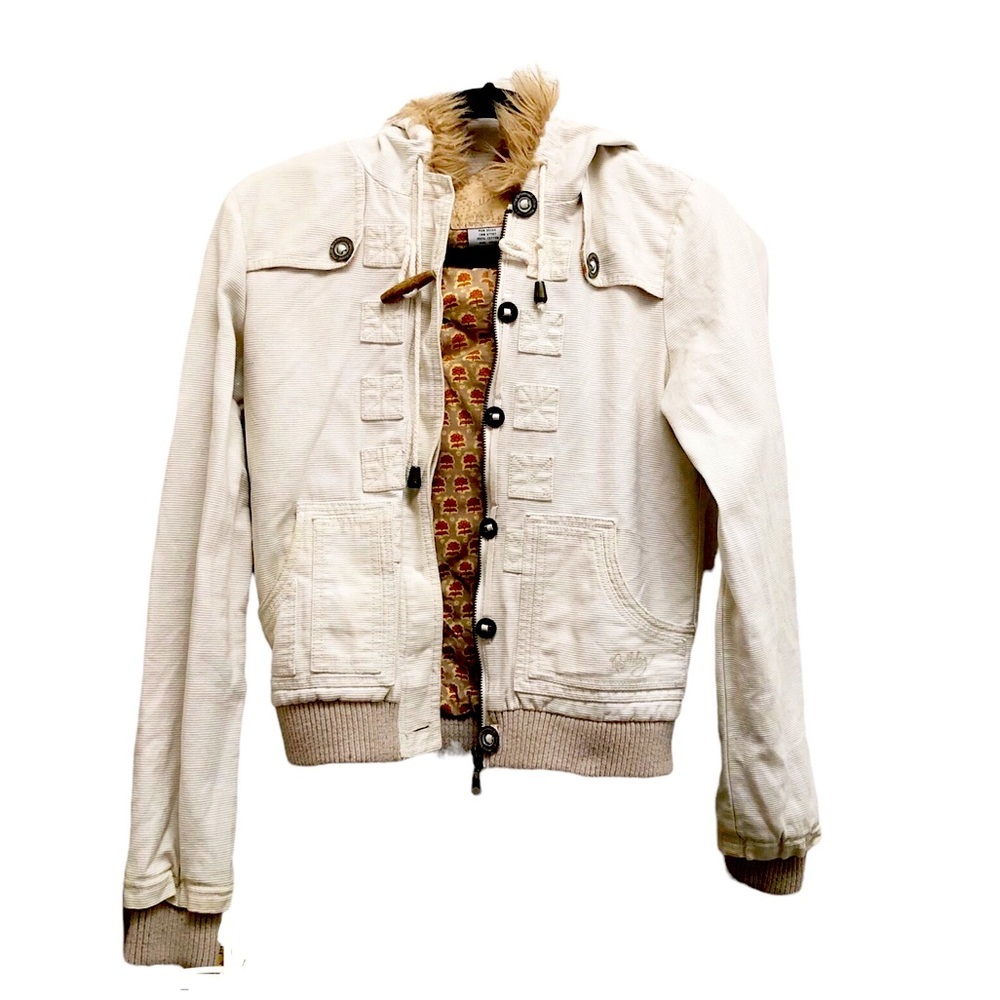 Billabong Cream Cotton Zip Up Jacket Faux Fur Collar Floral Design Cold Weather
